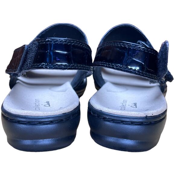 Clarks Leisa Melinds Sandals Size 5.5 Black Croc Hook & Loop Straps Comfort - Picture 5 of 9